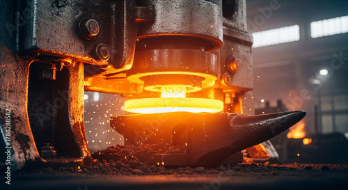 Close up of hot metal forging process with hydraulic press and anvil at factory
