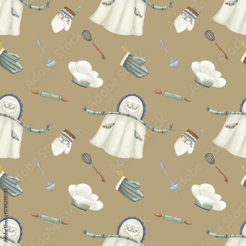 Seamless kitchen pattern border of rustic baking essentials: cutting boards, ladle, eggs in a basket, mortar, and a chef's hat. Hand-drawn watercolor vector pattern, ideal for menus, cooking blogs