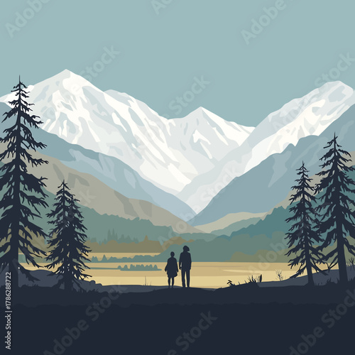 A couple admiring the majestic snow-capped mountains and serene lake in a breathtaking natural landscape