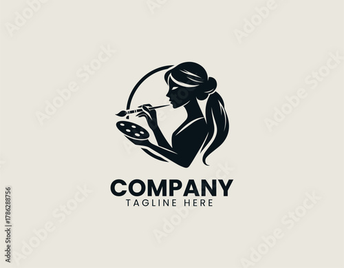 Elegant female artist silhouette vector logo illustration holding paint brush and palette in circular frame. Creative arts concept
