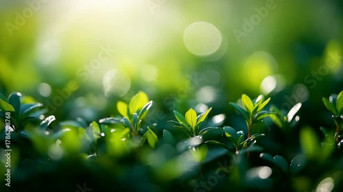 Lush green foliage with golden bokeh lights in vibrant natural setting