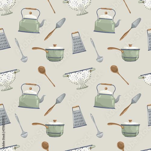 Seamless kitchen pattern border of rustic tea service items: teacups, teapots, and creamer pitchers with folk floral ornaments. Hand-drawn vector illustration, ideal for cafe menus, stationery