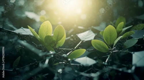 Fresh green leaves bathed in golden sunlight with misty forest backdrop
