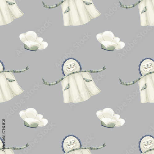 Seamless kitchen pattern border of rustic baking essentials: cutting boards, ladle, eggs in a basket, mortar, and a chef's hat. Hand-drawn watercolor vector pattern, ideal for menus, cooking blogs