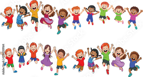 Group of happy cartoon children jumping together with joy, diverse kids smiling, friendship, teamwork, childhood fun, cheerful vector illustration