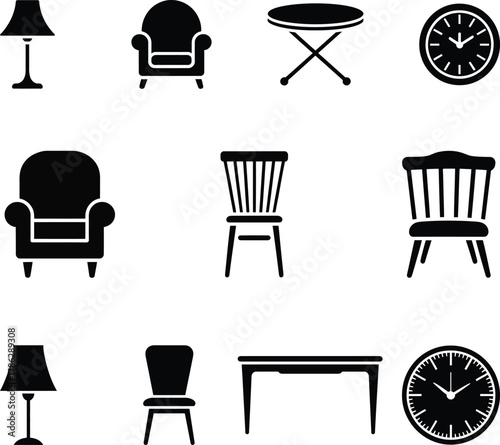 Collection of furniture and decor elements including chairs tables lamps and clocks in simple black 