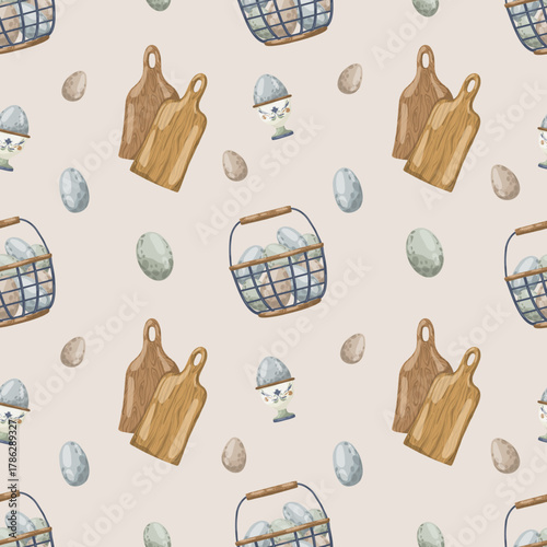 Seamless kitchen pattern border of rustic tea service items: teacups, teapots, and creamer pitchers with folk floral ornaments. Hand-drawn vector illustration, ideal for cafe menus, stationery
