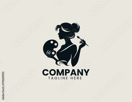 Elegant female artist silhouette vector logo illustration holding paint brush and palette in circular frame. Creative arts concept