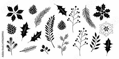 Collection of hand drawn black silhouette winter botanical elements including pine cones holly leaves pine branches and berries