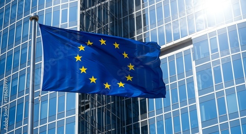European Union flag waving against modern building