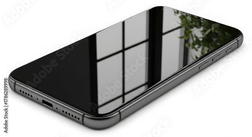 Sleek smartphone with a glossy black screen reflecting a bright window, showcasing modern technology and sophisticated design on a clean white surface