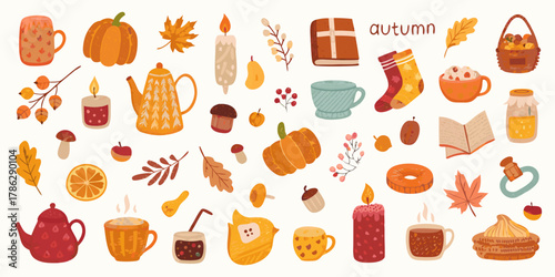 Cozy autumn elements collection featuring pumpkins leaves hot drinks candles and books