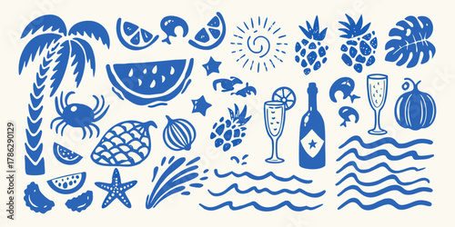 Collection of blue hand drawn summer vacation icons and symbols on a light background
