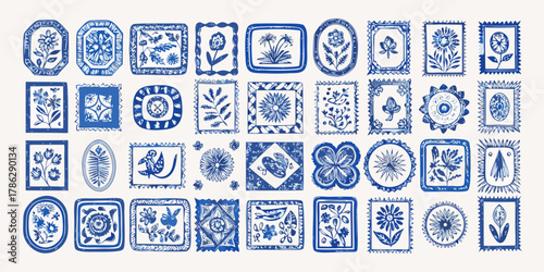 Collection of hand drawn blue and white decorative floral and bird motifs in square and oval frames