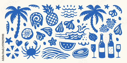 Whimsical blue tropical summer vacation elements collection with palm trees and ocean waves