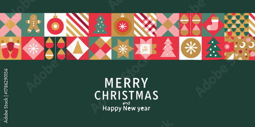 Festive geometric christmas and new year greeting card with holiday icons and text