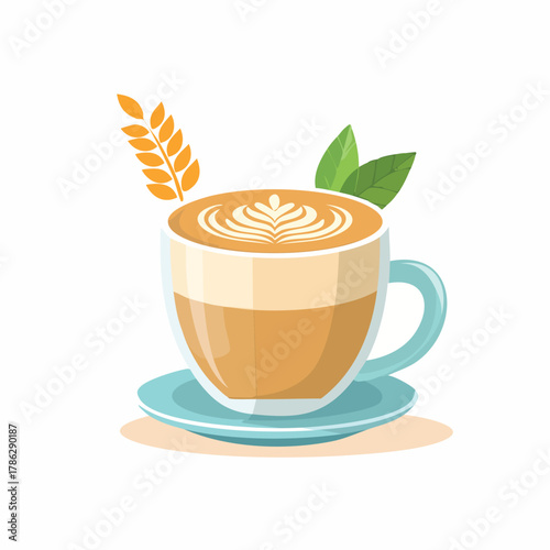 Vector illustration of a cappuccino with latte art and leaves
