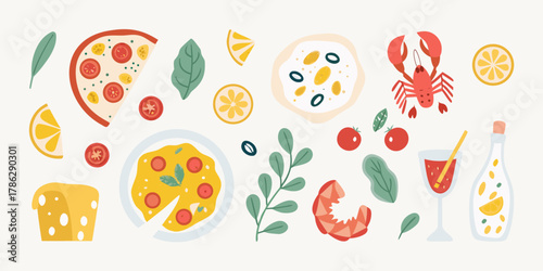 A vibrant collection of italian food and drink elements including pizza seafood cheese and fresh ingredients