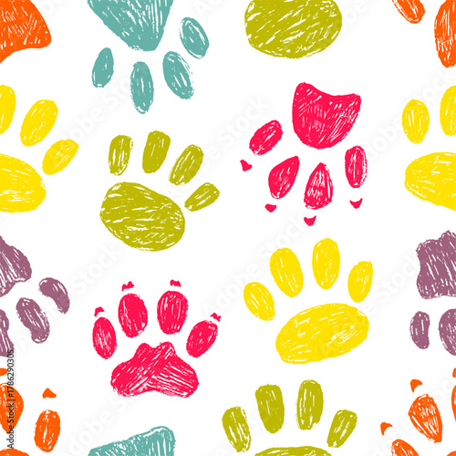 Pet paw seamless pattern. Vibrant animalistic print design, animal footprints, dog cat paws. Printable template pencil style drawing, neoteric vector background