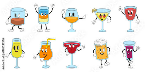 Groovy cocktails. Vintage style alcoholic cocktail, beer, wine characters. Drink party shots, long beverages, juice. Positive retro design elements, neoteric vector clipart