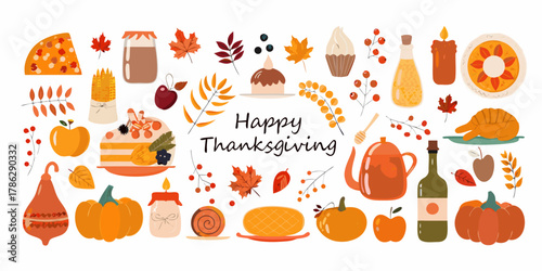 Happy thanksgiving illustration with traditional autumn harvest food and decorative elements