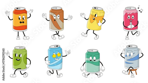 Retro drink can characters. Groovy soda cans or beer. Drink characters various emotions and poses. Funny cold beverages, menu neoteric vector elements