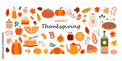 Happy thanksgiving greeting card with autumn harvest elements and festive food decorations