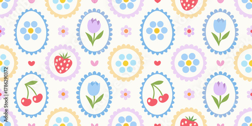 Cute kawaii seamless pattern with flowers fruits and hearts in pastel colors