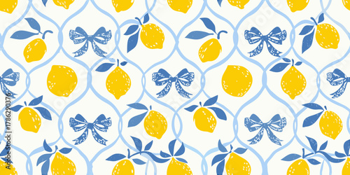 Charming yellow lemons and blue bows seamless pattern on a white lattice background