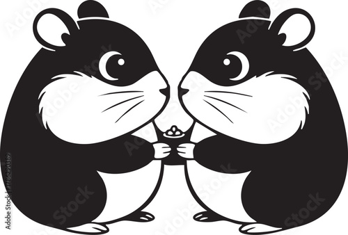 Adorable cartoon hamsters sharing food illustration, black and white graphic design.