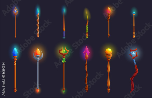 Wizard wooden staff. Magic wands, wooden metal staffs with gemstones. Witch tools for spells. Fairy tale cartoon elements, game design sapid vector set
