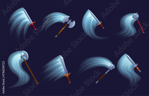 Cartoon weapon attack light effect. Hit shining effects from hammer axe sword. Iron warrior weapons, viking hits. War medieval game design sapid vector set