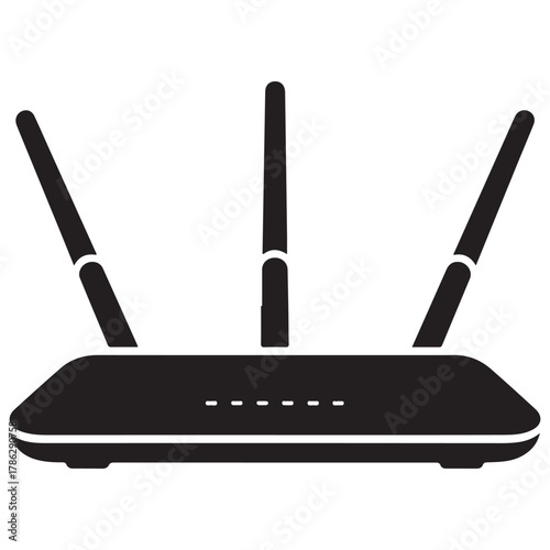 Black router icon with three antennas isolated on white background for wireless network