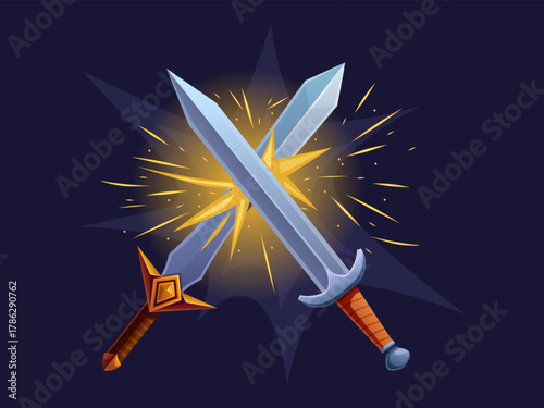 Swords battle cross with light effect. Fiery sparks from iron. Ancient warriors, medieval knight or viking battles element, steel strike, sapid vector scene