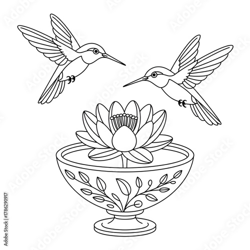 Hummingbird and Lotus Glass Dome Art, Nature vector style 