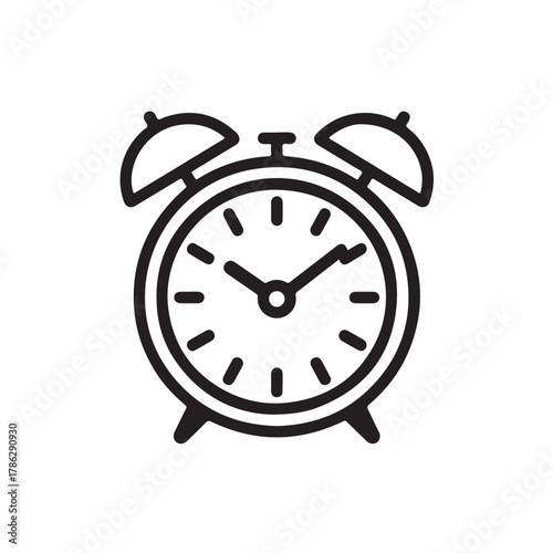 Black alarm clock icon isolated on white background for time management and reminder