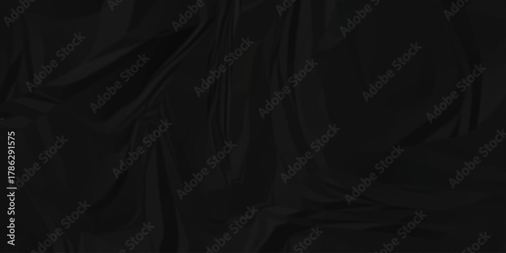 Fototapeta premium Dark black page wrinkle cardboard crumpled satin fabric ripped cloth decoration background 
