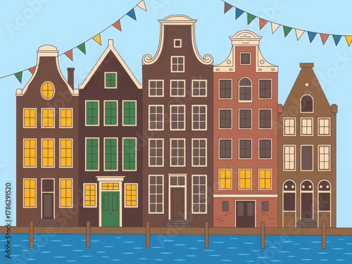 Vibrant dutch canal houses with festive bunting