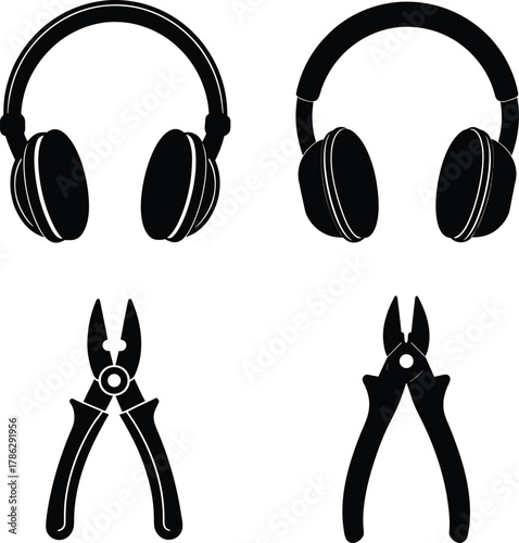 A pair of studio Headphones and wire cutters Strippers silhouette