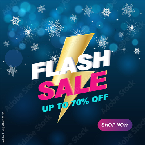 Vector illustration of golden lightning bolt with text flash sale up to 70 off on a dark blue background with snowflakes