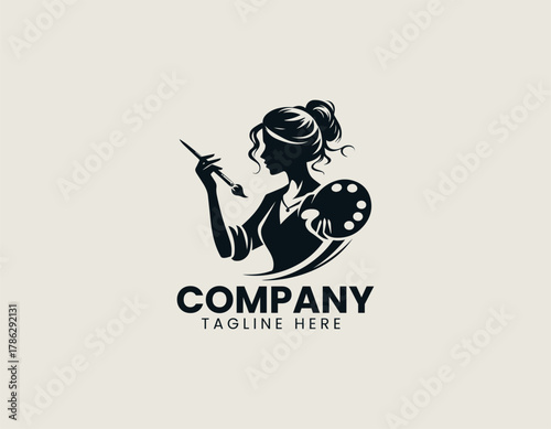 Elegant female artist silhouette vector logo illustration holding paint brush and palette in circular frame. Creative arts concept