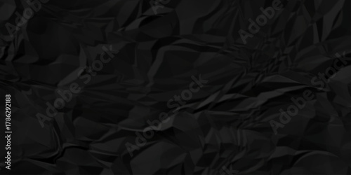 Crumple crushed black paper obsolete rumple craft design. wrinkle ripped creased crumple aged closeup recycled document grunge paper background.	