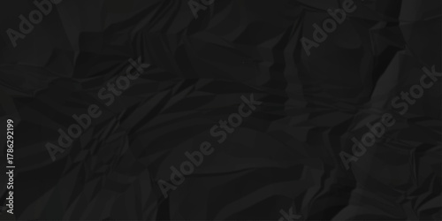 Crumple crushed black paper obsolete rumple craft design. wrinkle ripped creased crumple aged closeup recycled document grunge paper background.	