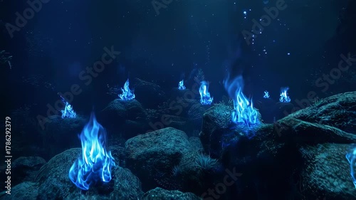 Ethereal blue flames rise underwater among rocks, merging fire and sea into a surreal vision of luminous, impossible energy.