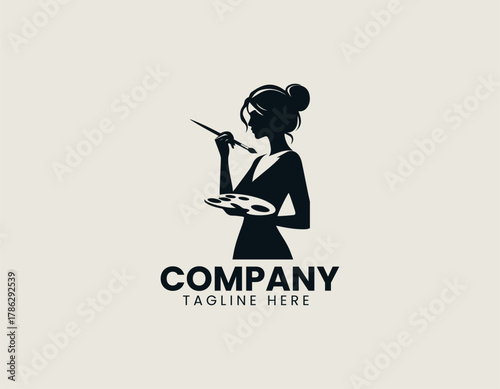 Elegant female artist silhouette vector logo illustration holding paint brush and palette in circular frame. Creative arts concept
