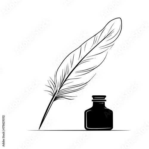 Vintage feather quill pen and inkwell illustration for writers authors and calligraphy enthusiasts design element