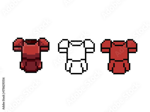 set of 8 bit style pixel art armor icons. This collection features a simple red breastplate or cuirass, perfect for a warrior or knight character