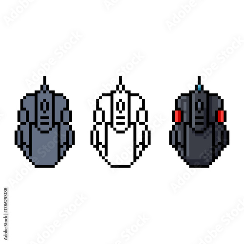Pixel Art Sci Fi Spaceship Sprite Set Drone & Vehicle Icons. Perfect for use as a game asset, enemy or player sprite, or icon in a space, scifi, or technology themed video game.