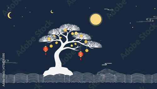 Moon tree with lanterns and golden fruits on a wave - oriental night minimalism, rare art for holidays, packaging, design, Chinese New Year