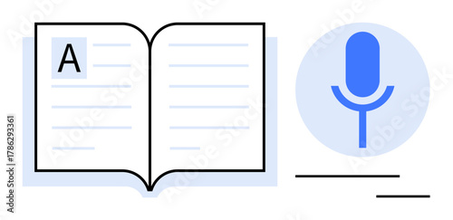 Open book with text symbolizing learning and microphone for voice input. Ideal for education, accessibility, technology, reading, audiobook creation, language learning, or digital tools themes